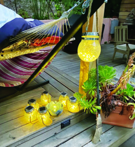 Hanging solar lights beside a box of low-water plants